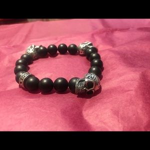 King Baby Black Onyx Beaded Triple Skull Bracelet